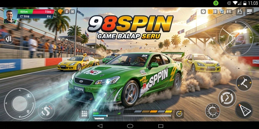 Tangkapan layar gameplay dari 98SPIN dengan aksi balap yang mendebarkan.