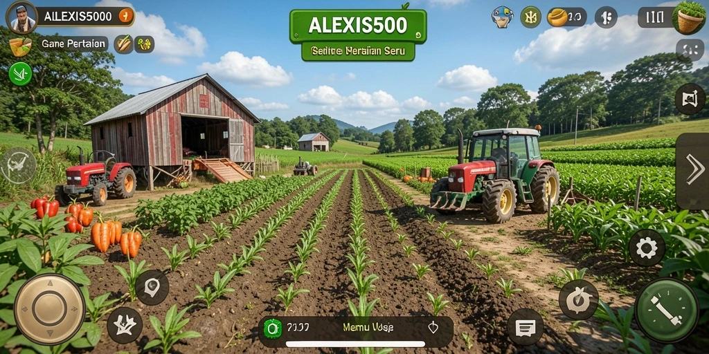 Screenshot gameplay ALEXIS500 menunjukkan petani yang sedang merawat tanaman.