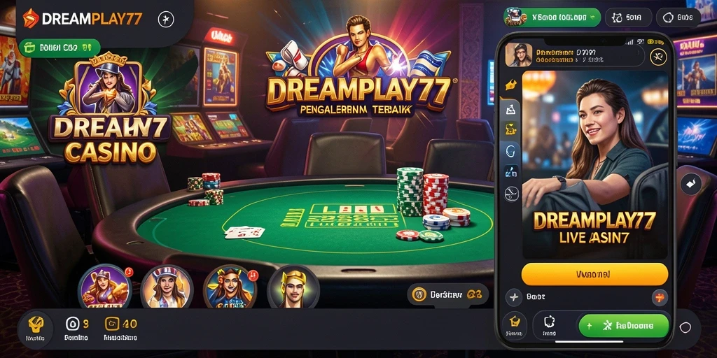 Screenshot utama DREAMPLAY77 menampilkan dealer live dan gameplay seru di Live Casino.
