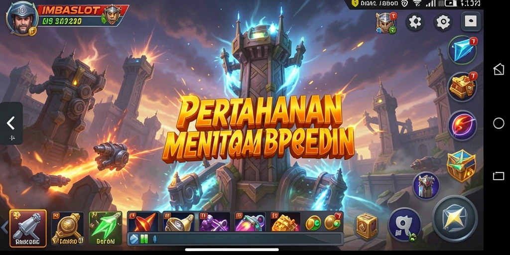 Tangkapan layar gameplay <strong>IMBASLOT</strong> yang menampilkan aksi menara pertahanan yang intens.