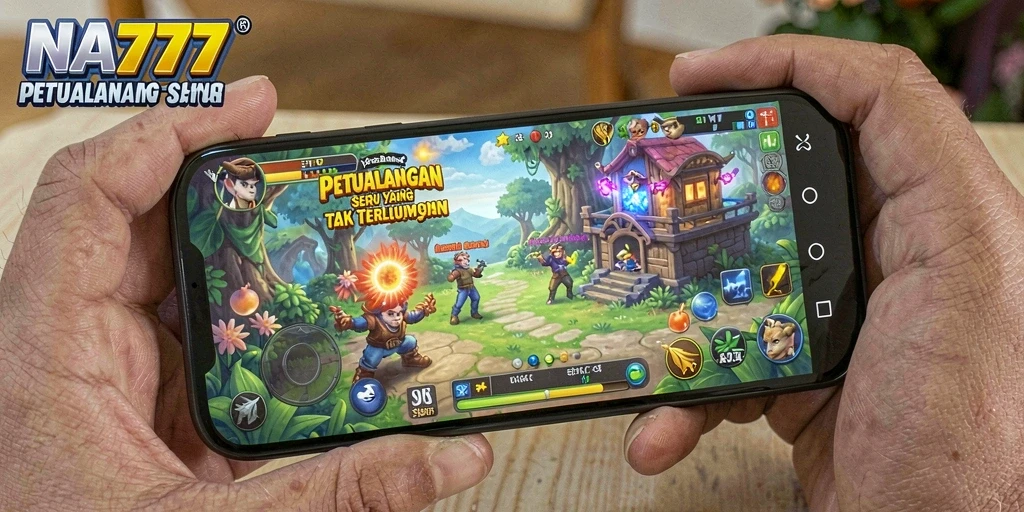 Tangkapan layar utama NA777 menampilkan petualangan seru di dunia yang indah.