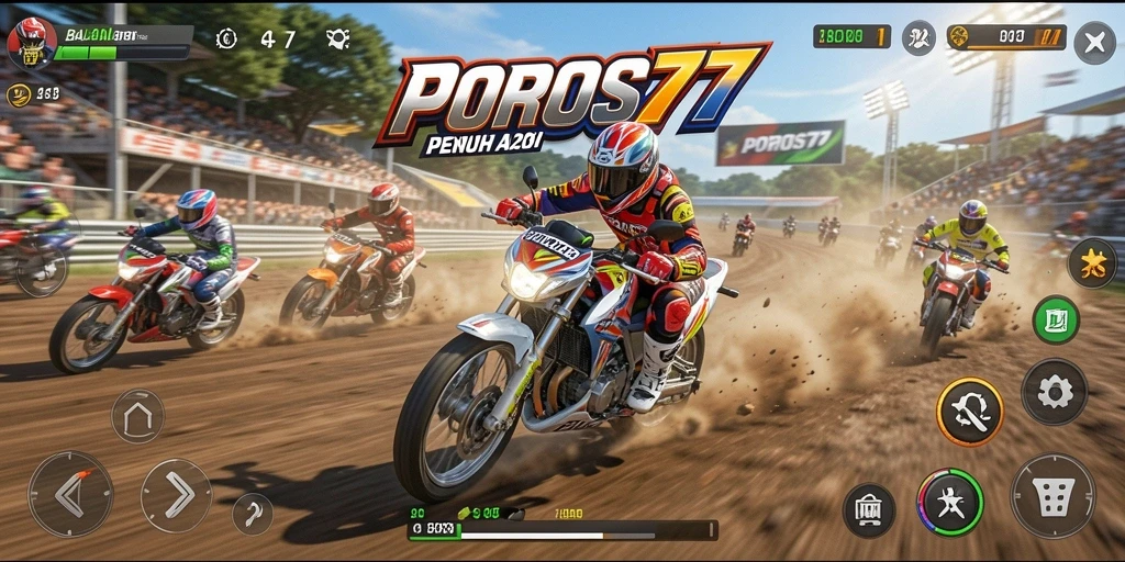Screenshot utama POROS77 dengan aksi balap motor seru.