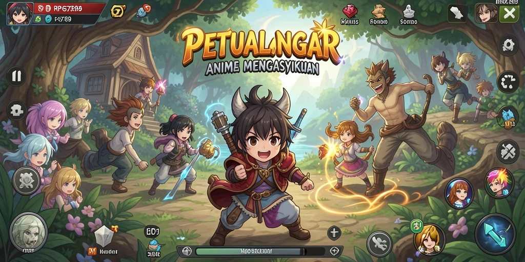 Screenshot permainan RP6789 menampilkan karakter anime dalam pertempuran epik.