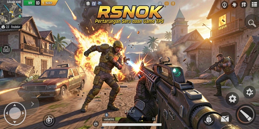 Screenshot utama RSNOK menampilkan aksi pertarungan intens dalam game TPS.