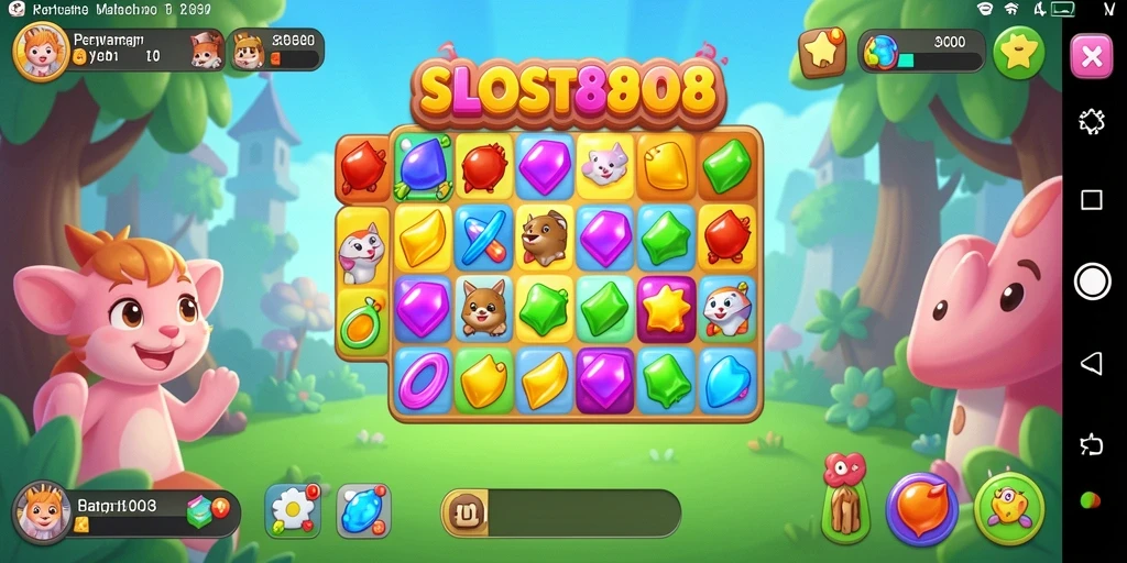 Tampilan gameplay menarik dari SLOST8808 dengan berbagai permata berwarna-warni.